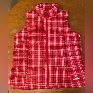 Lands' End Women's Plaid Puffer Vest Red Full Zip Lightweight L 80% down filled